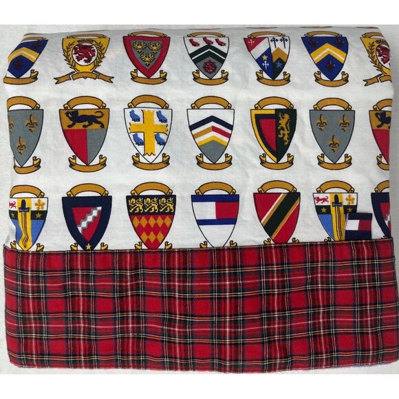 KING FLAT Tommy Hilfiger Royal Arms Crest Plaid Chambray Top Sheet Vintage - Picture 3 of 10